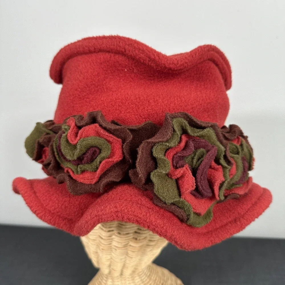 Vintage 90s Womens Hat Amber Rose Floral Fleece‎ Winter Fall Grunge Red Packable